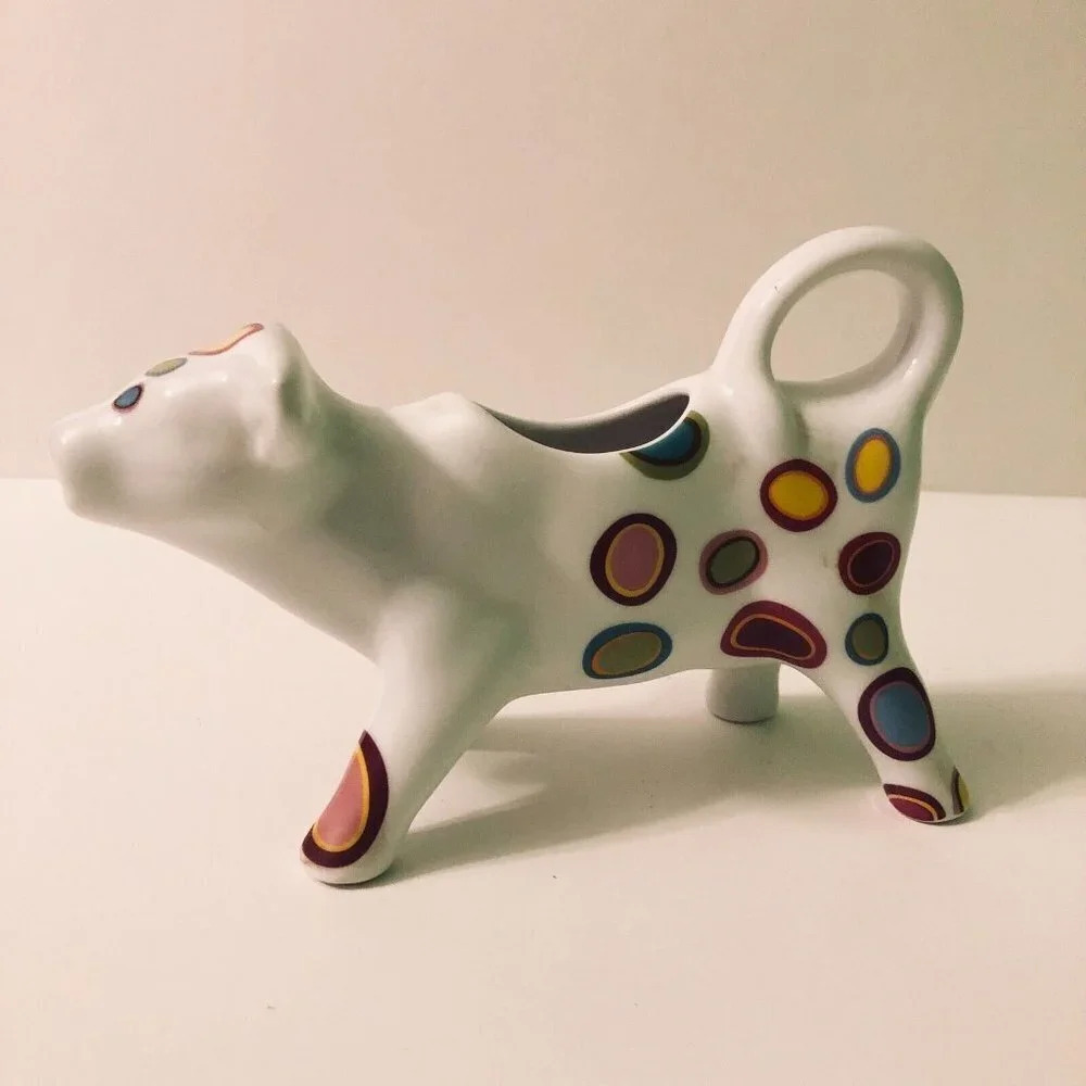 Vintage Ceramic Cow Creamer Multicolored Spotted 7 Inch Long